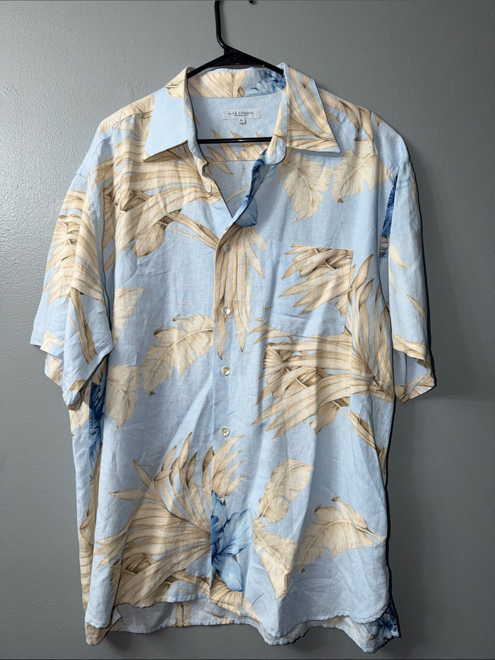 Alex Cannon short-sleeve button-down shirt ftropical palm leaf pattern linen xl